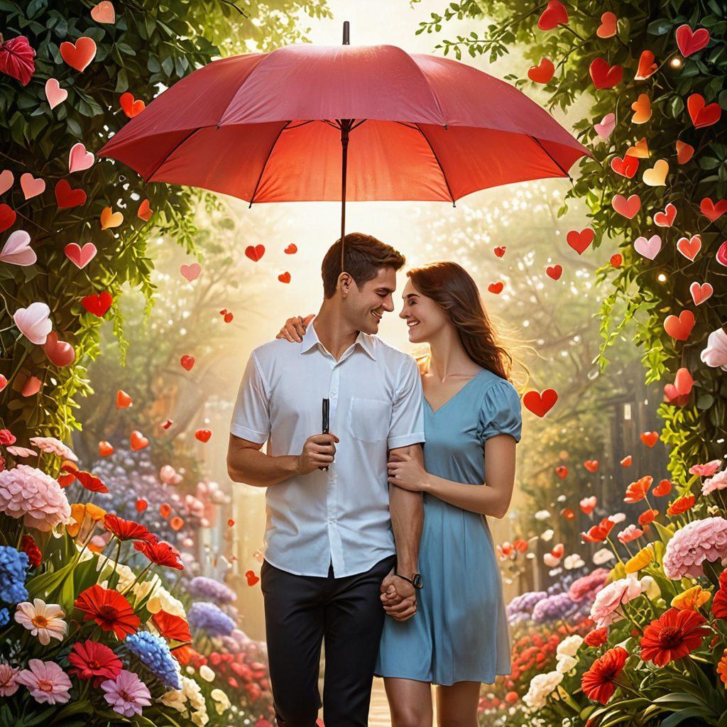 A romantic scene depicting a couple under a protective umbrella formed by insurance symbols like hearts and shields, surrounded by vibrant flowers representing life and health. Soft, warm lighting enhances the intimacy of the moment, with a dreamy, whimsical background illustrating a world of love and security. The couple is smiling, emphasizing joy and protection. super-realistic. vibrant colors. soft focus.