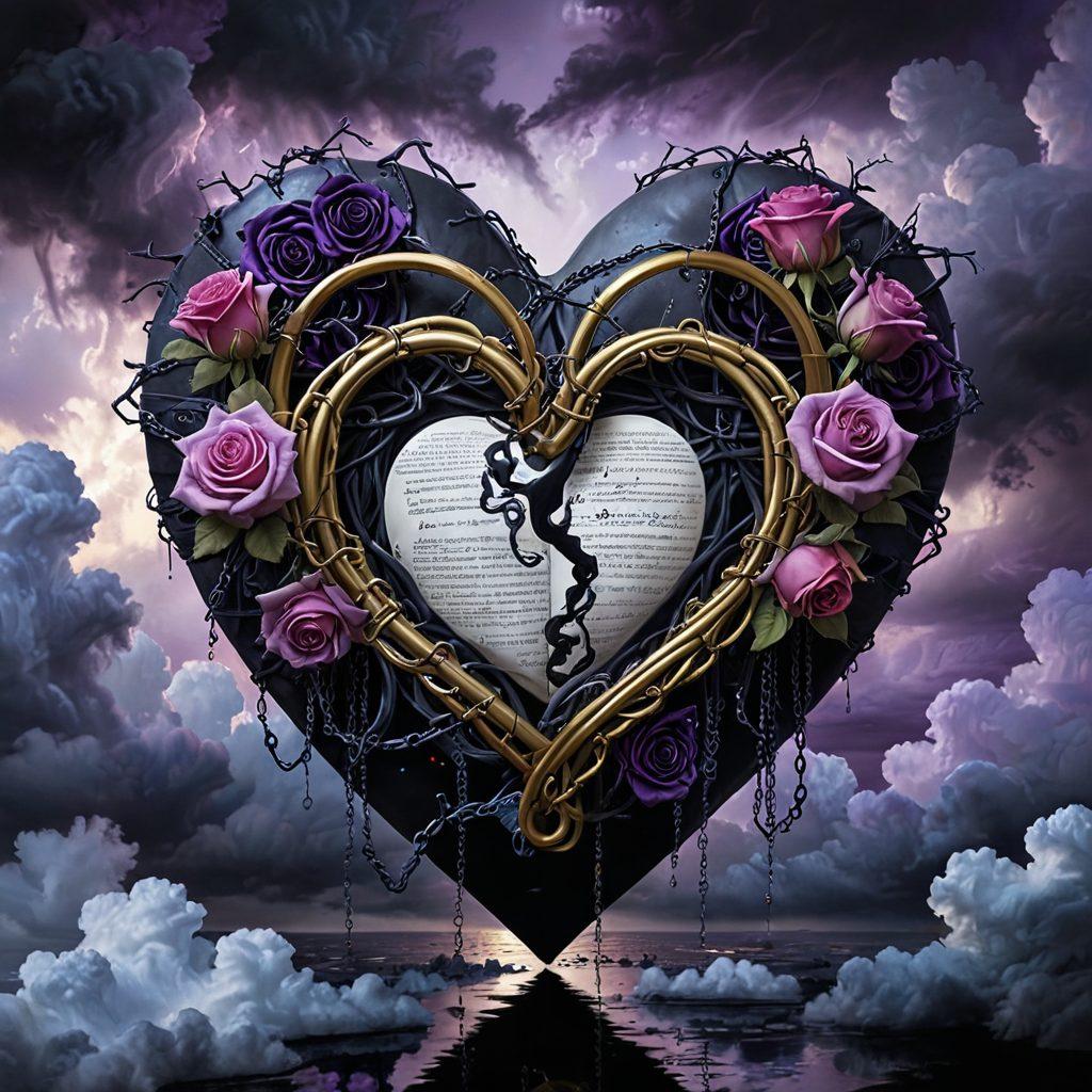 A surreal, moody scene featuring a broken heart wrapped in a protective insurance policy document, surrounded by dark roses and stormy clouds. A faint glow symbolizes hope and connection amidst the gloom. Incorporate elements like chains or locks to represent protection. The background should be a blend of deep purples and blacks to evoke mystery, with contrasting highlights of gold. painting. vibrant colors.